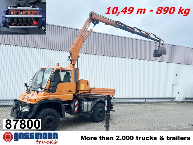 Unimog U400 4x4, Frontzapfwelle, Kipper, Kran MKG HKL - Volquete camión, Camión grúa: foto 1 Unimog U400 4x4, Frontzapfwelle, Kipper, Kran MKG HKL - Volquete camión, Camión grúa: foto 1