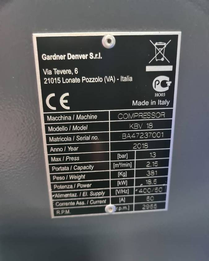 Kompresor śrubowy GARDNER DENVER KBV 18 18,5 kw, 2018r, Falownik - Compresor de aire: foto 4 Kompresor śrubowy GARDNER DENVER KBV 18 18,5 kw, 2018r, Falownik - Compresor de aire: foto 4
