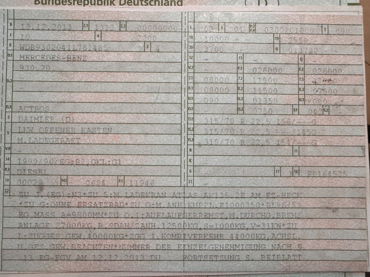 Mercedes-Benz 2541 6X2 Pritsche mit Kran Atlas 135 E2 Funk - Camión grúa: foto 3 Mercedes-Benz 2541 6X2 Pritsche mit Kran Atlas 135 E2 Funk - Camión grúa: foto 3