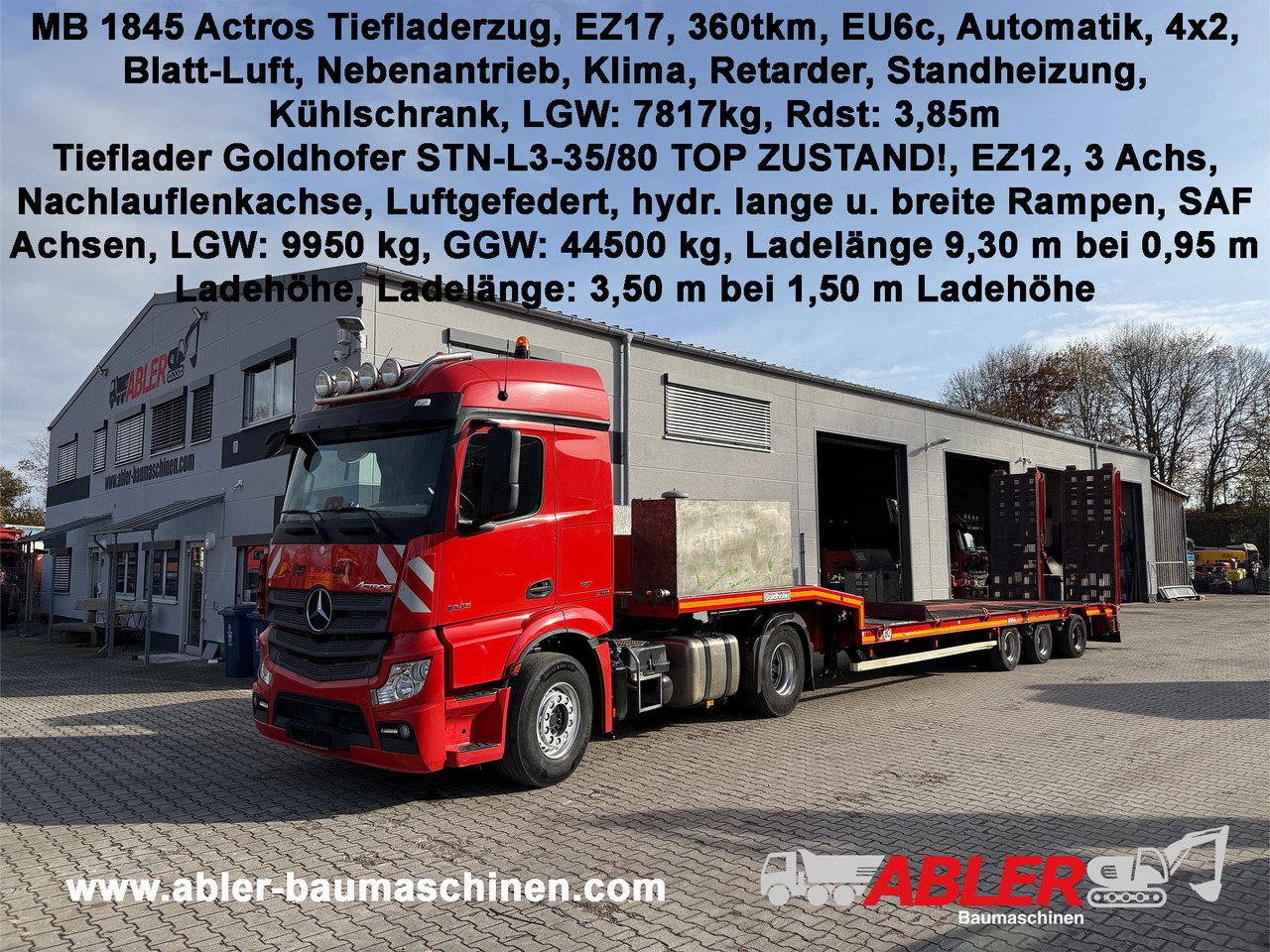 Mercedes-Benz 1845 Actros mit Goldhofer Tieflader - Cabeza tractora, Góndola rebajadas semirremolque: foto 1 Mercedes-Benz 1845 Actros mit Goldhofer Tieflader - Cabeza tractora, Góndola rebajadas semirremolque: foto 1