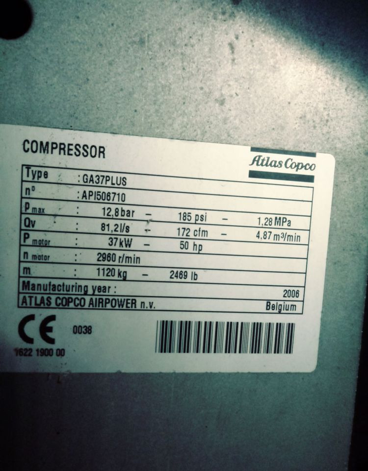 Kompresor Atlas Copco Atlas Copco GA37 Plus 2006 Kompresor sprężarka śrubowa - Compresor de aire: foto 3 Kompresor Atlas Copco Atlas Copco GA37 Plus 2006 Kompresor sprężarka śrubowa - Compresor de aire: foto 3