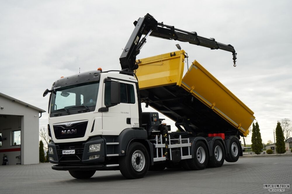 MAN TGS 32.400 / 8x4 / TRIDEM / WYWROTKA 2 STRONNA / HYDROBURTA / BORDMATIC + HDS HIAB 188 E-3D / ROTATOR / PILOT / EURO 6 - Volquete camión, Camión grúa: foto 1 MAN TGS 32.400 / 8x4 / TRIDEM / WYWROTKA 2 STRONNA / HYDROBURTA / BORDMATIC + HDS HIAB 188 E-3D / ROTATOR / PILOT / EURO 6 - Volquete camión, Camión grúa: foto 1