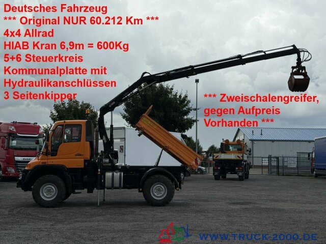 Unimog Unimog U300 4x4 Hiab Kran mit original 60.212 Km - Volquete camión, Camión grúa: foto 1 Unimog Unimog U300 4x4 Hiab Kran mit original 60.212 Km - Volquete camión, Camión grúa: foto 1