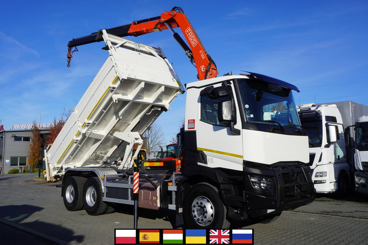 RENAULT C380 E6 6×4 / HDS Fassi F135 2700 MTH / Range 8 m / 5.6 t lifting capacity / 3-side tipper / Bortmatic - Volquete camión, Camión grúa: foto 1 RENAULT C380 E6 6×4 / HDS Fassi F135 2700 MTH / Range 8 m / 5.6 t lifting capacity / 3-side tipper / Bortmatic - Volquete camión, Camión grúa: foto 1