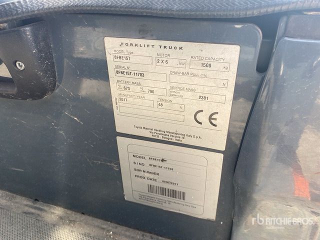 2017 Toyota 8FBE15T 1500 kg Electric Forklift - Carretilla elevadora eléctrica: foto 1 2017 Toyota 8FBE15T 1500 kg Electric Forklift - Carretilla elevadora eléctrica: foto 1