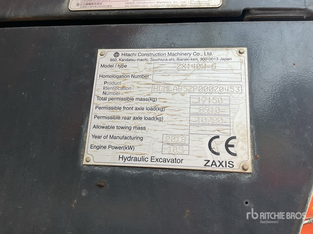 2018 Hitachi ZX140W-6 4x4 Highway Wheeled Excavator - Excavadora de ruedas: foto 1 2018 Hitachi ZX140W-6 4x4 Highway Wheeled Excavator - Excavadora de ruedas: foto 1