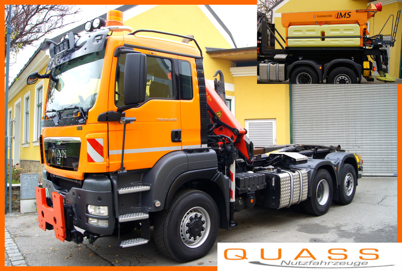MAN TGS 28.400 BL 6x4-4/TÜV/PK12002/PALIFT/Winterdienst/Salzstreuer/Streuer/Schneepflug - Volquete camión, Camión grúa: foto 1 MAN TGS 28.400 BL 6x4-4/TÜV/PK12002/PALIFT/Winterdienst/Salzstreuer/Streuer/Schneepflug - Volquete camión, Camión grúa: foto 1